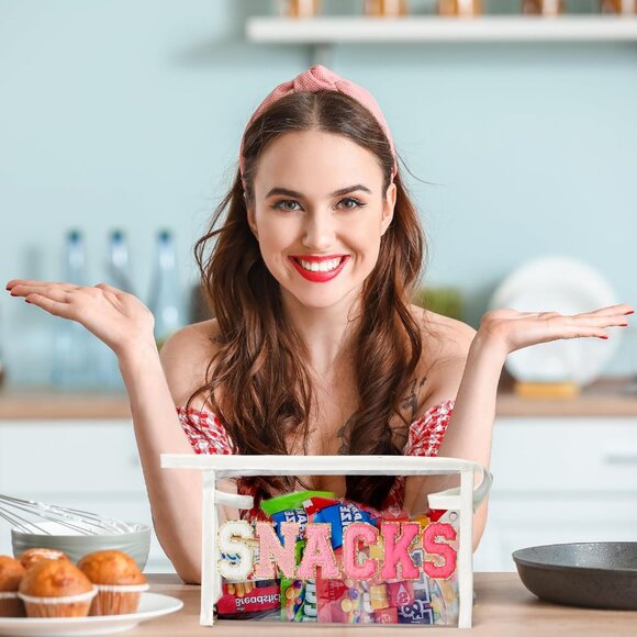 Large Clear SNACKS Pouch - Preppy Patch Rose Red Chenille Varsity Letter PVC Tra - Picture 5 of 6